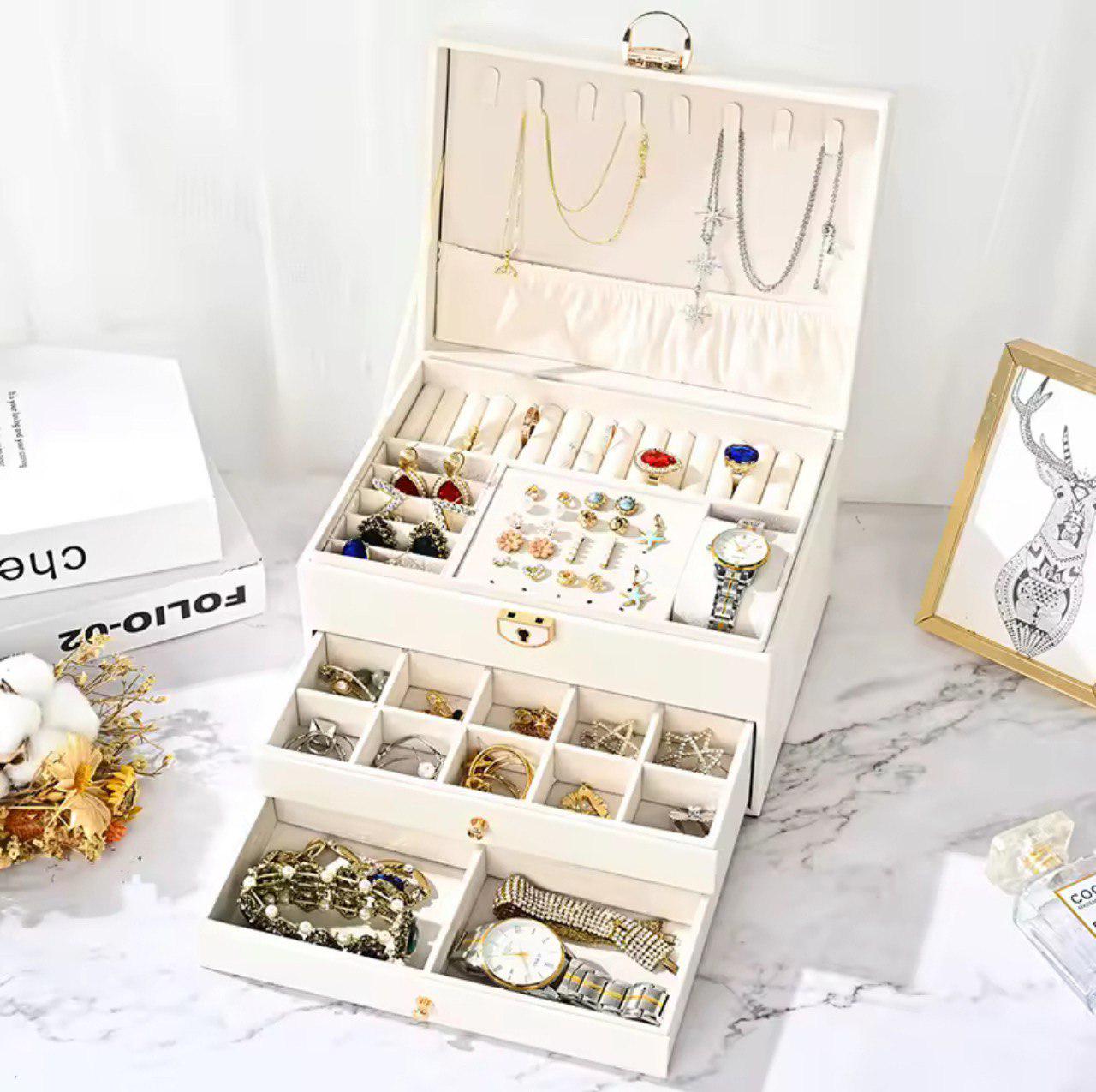 Органайзер-скринька для прикрас трирівневий з еко-шкіри 23х18х13,5 см Білий (27182279) - фото 8