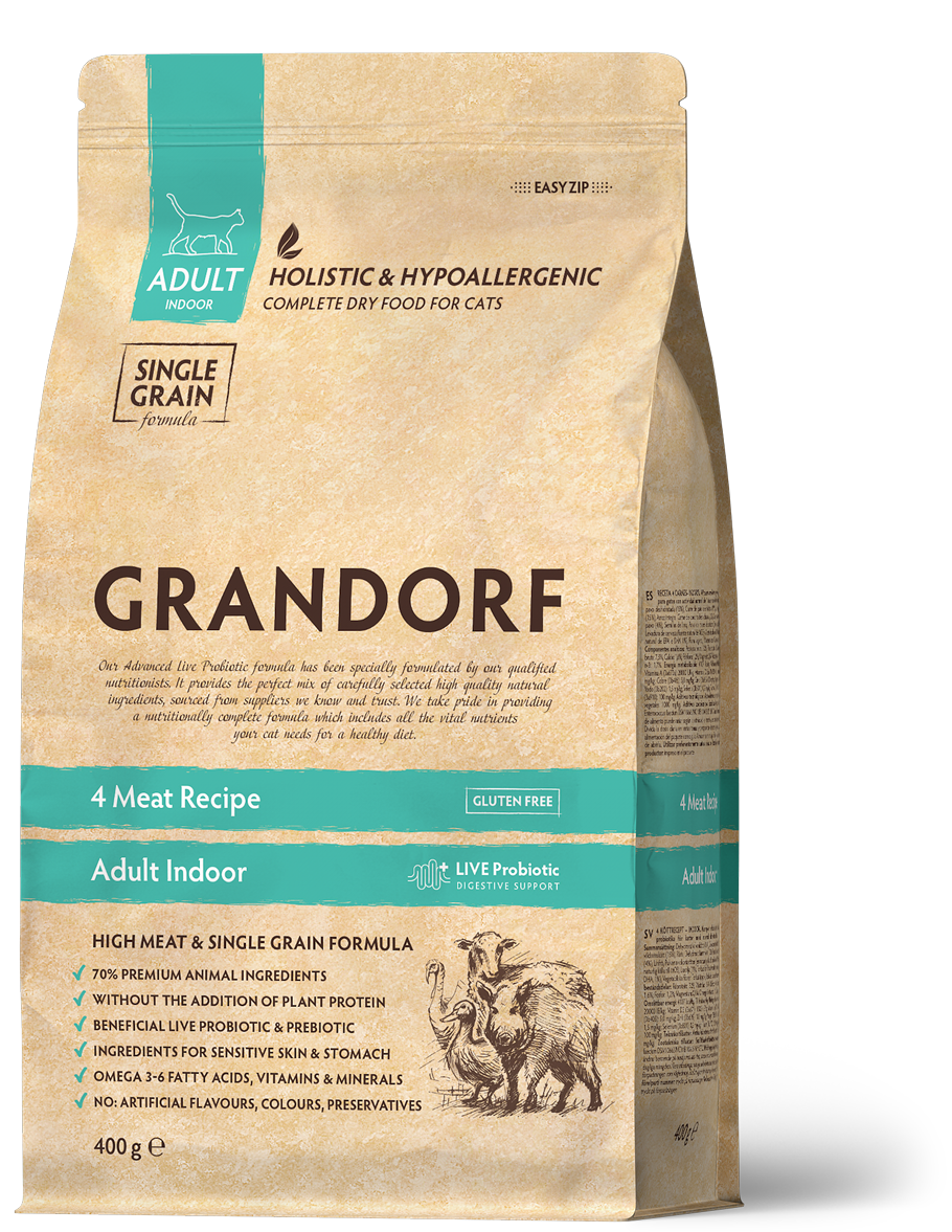 Корм для взрослых кошек Grandorf 4 Meat Indoor с 4 видами мяса 0,4 кг (83740)