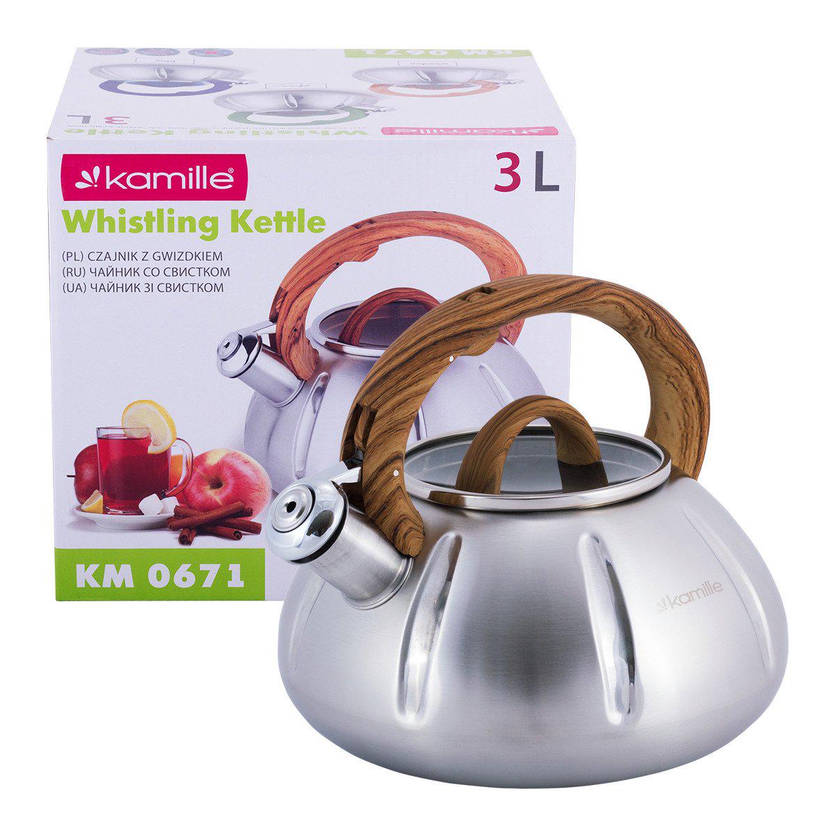 Чайник Kamille 3 л со свистком и стеклянной крышкой Дерево KM-0671DR