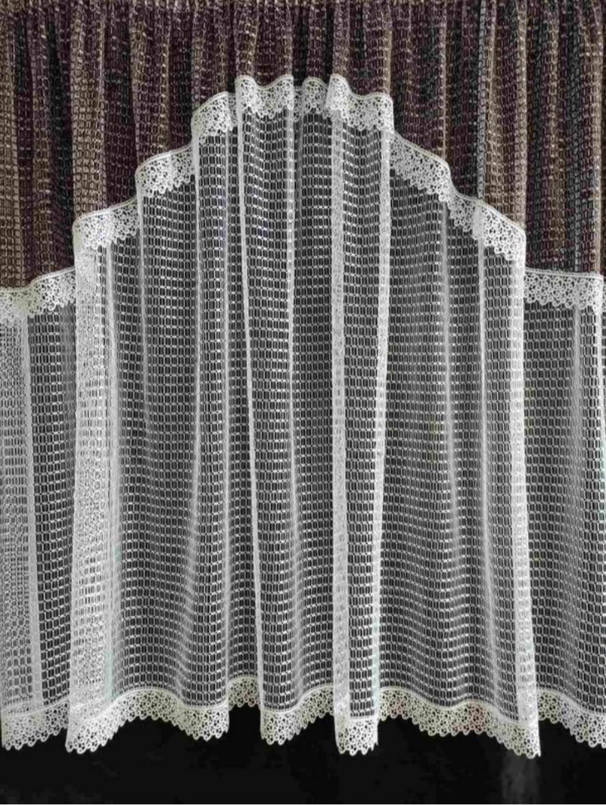 Тюль сетка на окно с ламбрекеном и кружевом 290х165 см Белый с коричневым (кк-02к) - фото 1 Тюль сетка на окно с ламбрекеном и кружевом 290х165 см Белый с коричневым (кк-02к) - фото 1