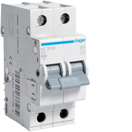 Автоматический выключатель Hager MCN203 2P 6k C 3 А 2M (000346943)