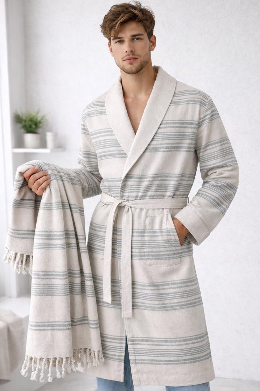 Халат чоловічий лляний довгий та рушник Ecocotton Peshtemal XL 100х160 см