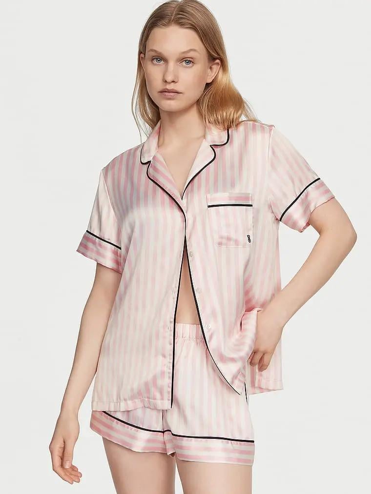 Піжама сатинова сорочка/шорти Victoria's Secret Glazed Satin Short Pajama Set смужка XS Рожевий (26933338)