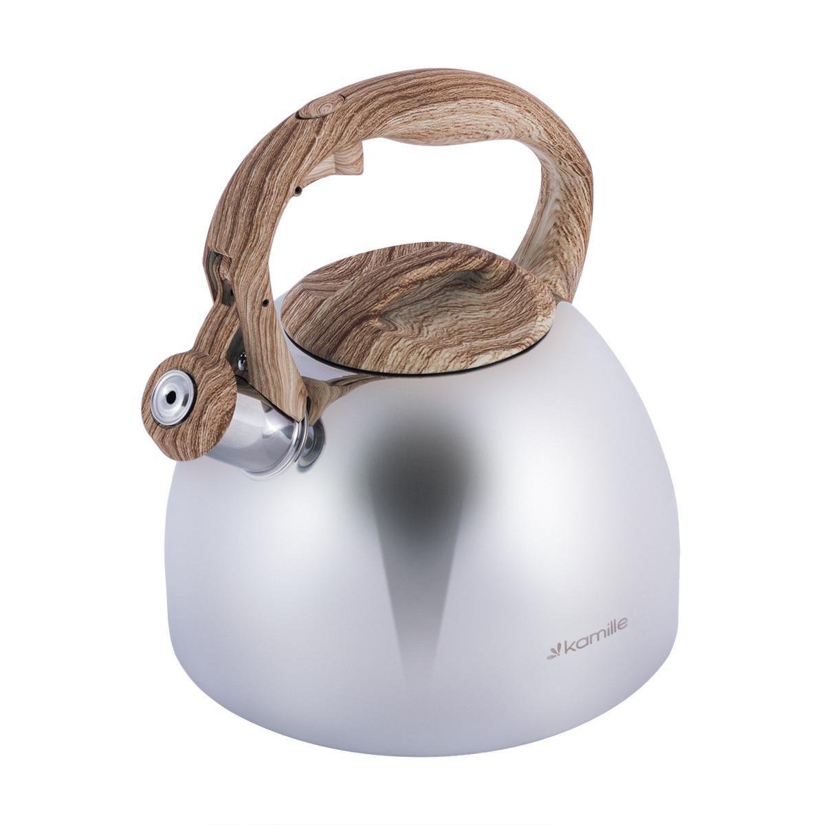 Чайник со свистком Kamille KM-1090 из нержавеющей стали и бакелитовой ручкой под дерево 2,7 л Стальной (150-84-1090)