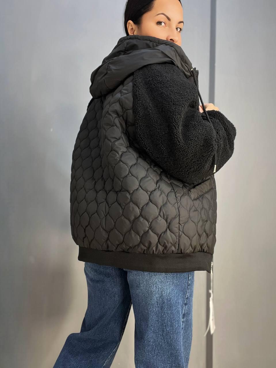Куртка женская DARK SNOW 2355 стеганая ркува искусственный мех с капюшоном увеличенные размеры р. 56 Черный (1315) - фото 5