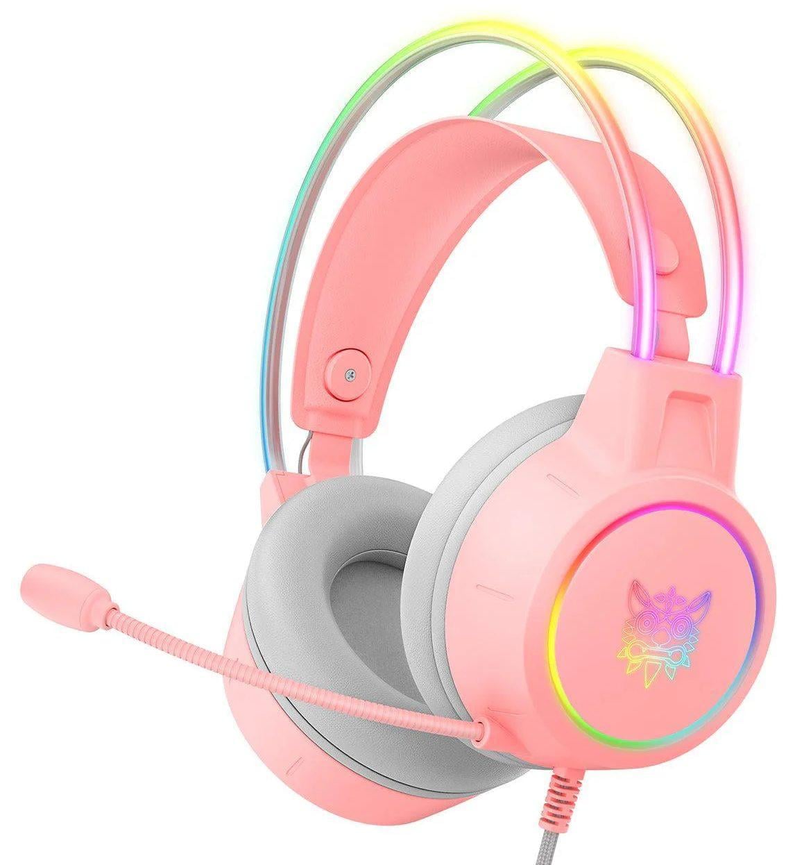 Наушники игровые проволочные для ПК и ноутбука Onikuma X-18 с RGB подсветкой шумоподавления и поворотным микрофоном 360° Розовый