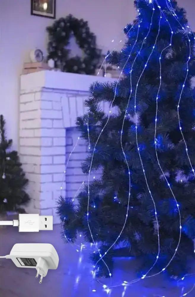 Гирлянда роса Конский хвост 10 нитей по 5м 500 LED от USB и сети 220В статический режим IP44 Синий