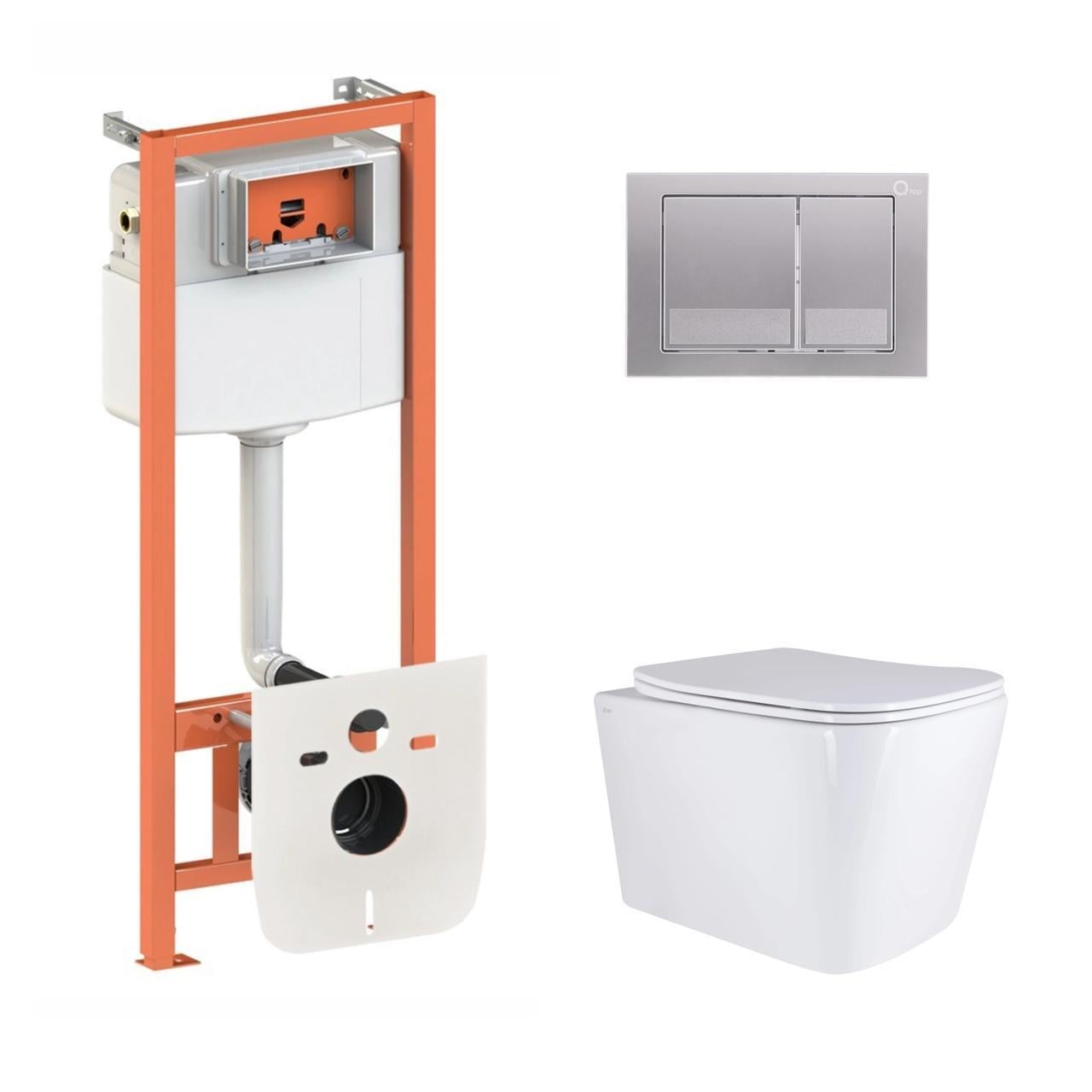 Комплект для ванной комнаты Qtap подвесной унитаз Tern и комплект установки Nest 4в1 квадратная клавиша Satin (2610410616)