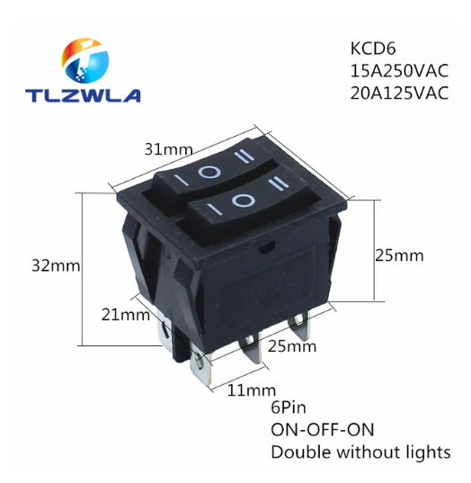 Перемикач KCD6 On/Off 2 клавіші 16 A-20 А 125 В-250 В без підсвічування 6 pin Чорний (62) - фото 6
