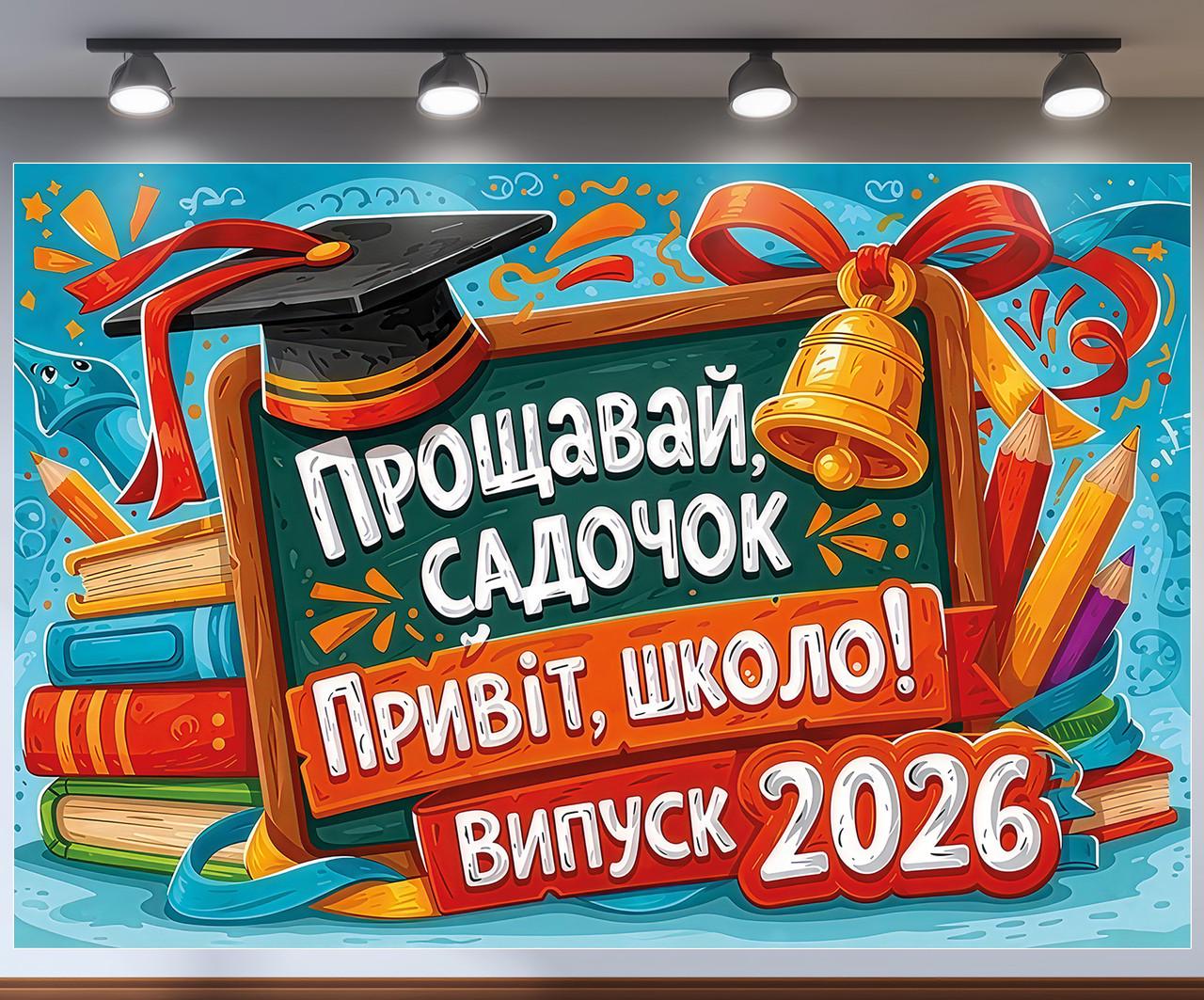Баннер для фотозоны "Прощавай садок Привіт школо Випуск 2026" доска золотой звонок и книги 300x200 см Баннер для фотозоны "Прощавай садок Привіт школо Випуск 2026" доска золотой звонок и книги 300x200 см