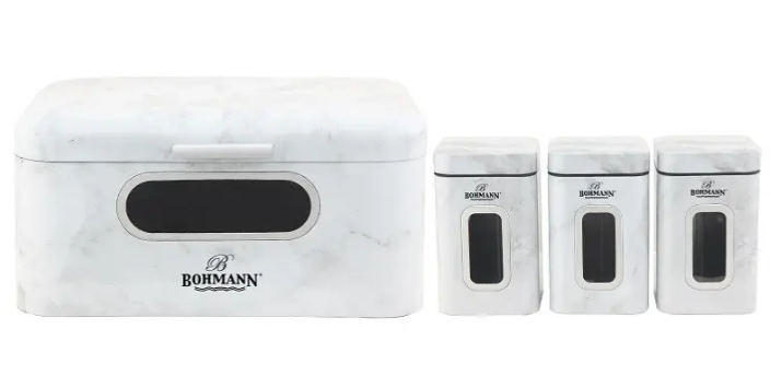 Хлебница с 3 баночками для сыпучих Bohmann из нержавеющей стали Белый мрамор (7252 MR)