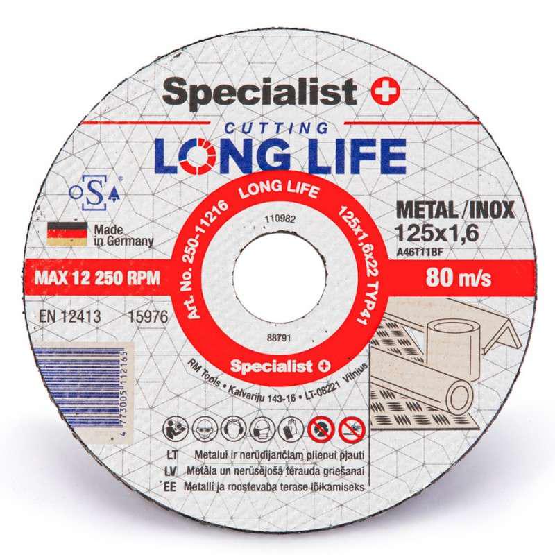 Диск абразивный отрезной по металлу/нержавеющей стали Specialist+ Long Life 125x1,6x22 мм (250-11216)