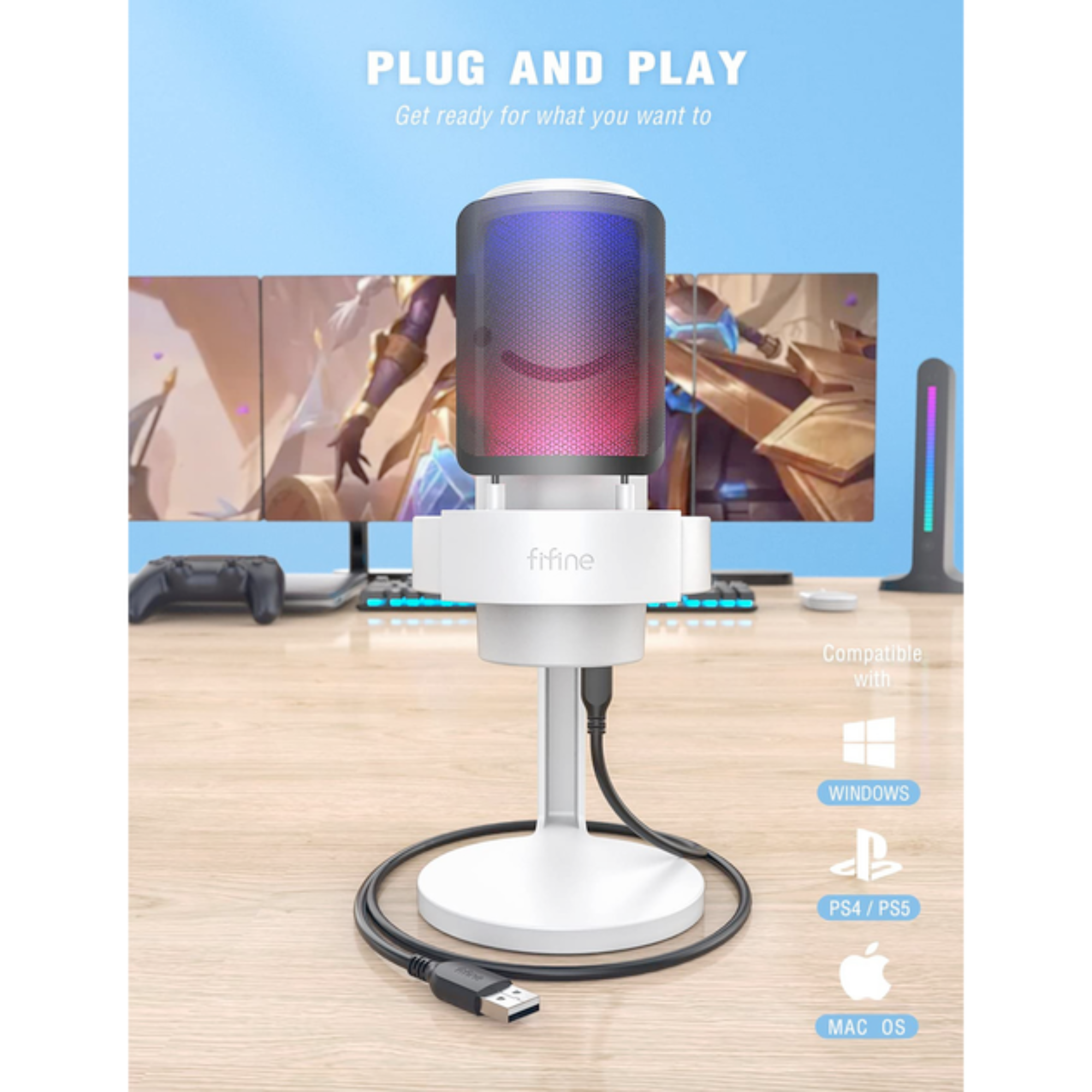 Микрофон игровой Fifine A8 с RGB конденсаторной подсветкой White (25860695) - фото 3 Микрофон игровой Fifine A8 с RGB конденсаторной подсветкой White (25860695) - фото 3