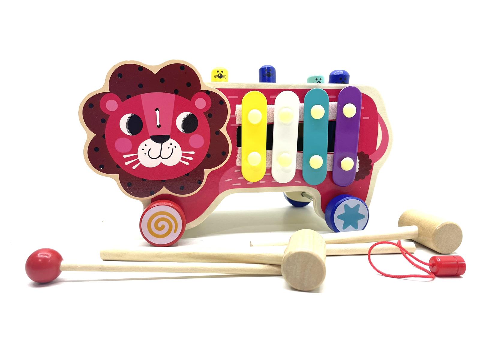 Игровой центр 4Fun Game Club Wood Лев ксилофон/магнитная рыбалка/стучалка/шестерни Красный (55202)