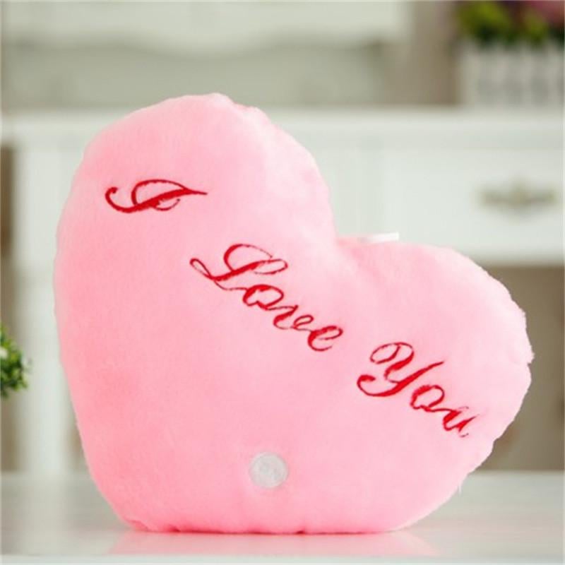 Мягкая игрушка подушка сердце I Love You светящиеся с вышивкой Розовый