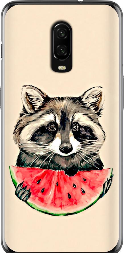 Чехол на OnePlus 6T Енотик с арбузом (4605t-1587-42517)