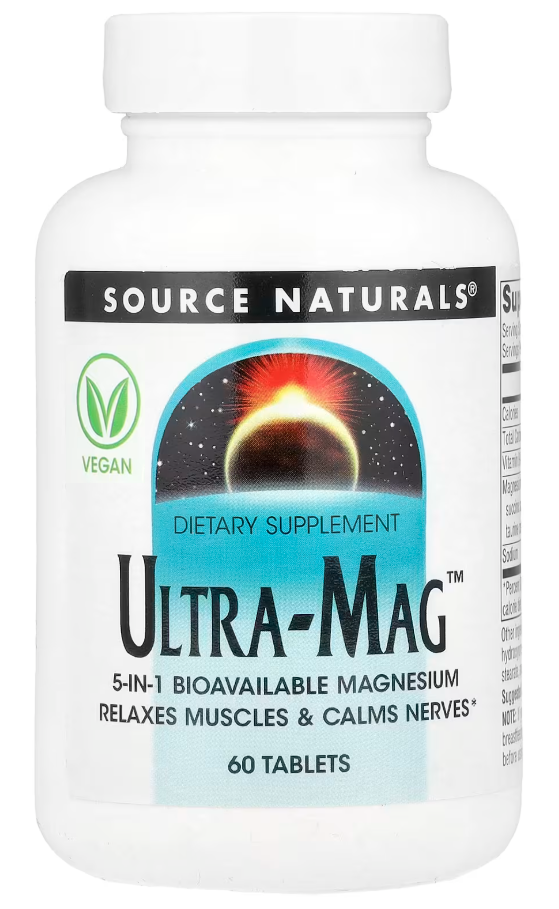Магний комплексный цитрат/сукцинат/глицинат/малат/таурат с Витамином В6 Source Naturals Ultra-Mag 60 таблеток