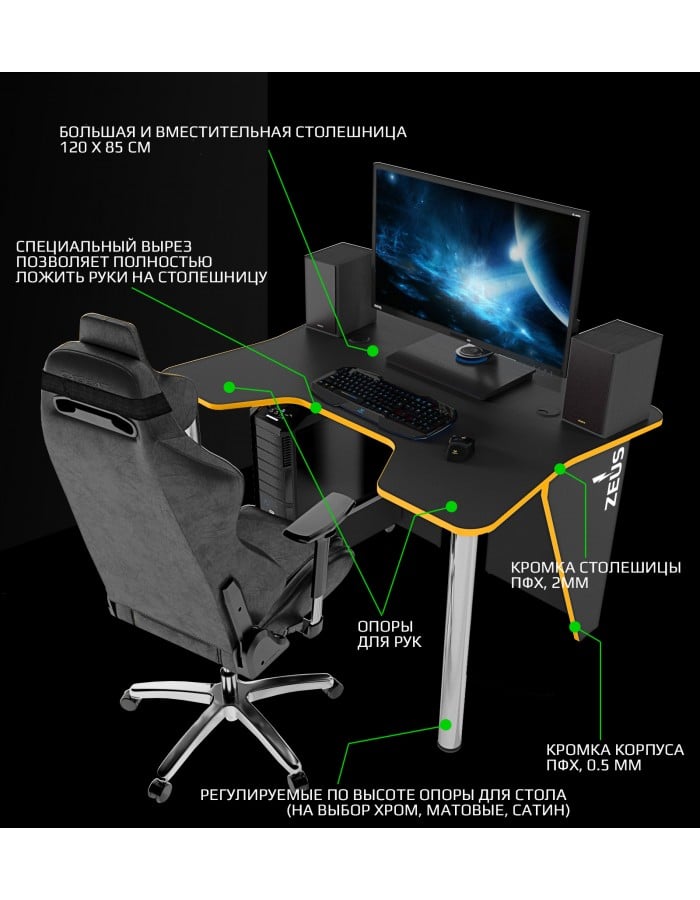 Геймерский стол ZEUS IGROK-3 Черный/Желтый - фото 4