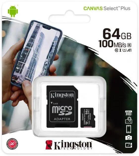 Карта памяти Kingston microsdhc 64gb canvas select plus class 10 uhs-i u1 v10 a1 / sd-адаптер (17653) - фото 2