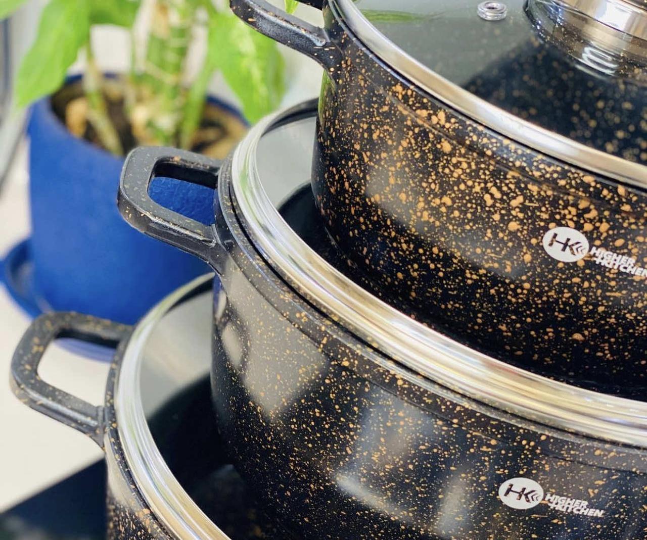 Набір каструль та сковорода Higher Kitchen HK-310 8 пр. із гранітним антипригарним покриттям Коричневий (A9524) - фото 2 Набір каструль та сковорода Higher Kitchen HK-310 8 пр. із гранітним антипригарним покриттям Коричневий (A9524) - фото 2