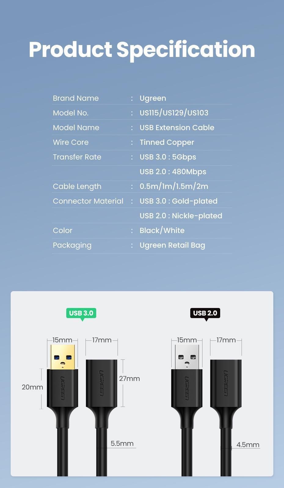Кабель UGREEN USB 3.0 5 Гбіт/с USB-A папа на USB-A мама 1 м Чорний (10368) - фото 9 Кабель UGREEN USB 3.0 5 Гбіт/с USB-A папа на USB-A мама 1 м Чорний (10368) - фото 9