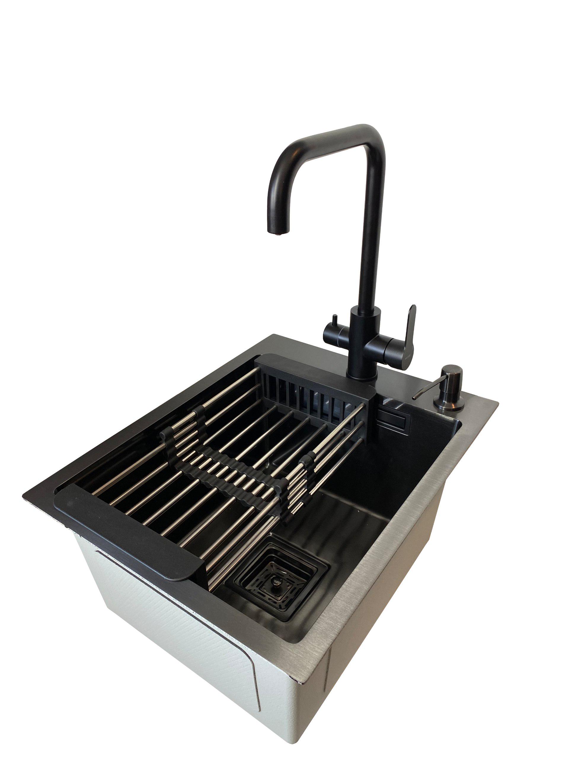 Мойка для кухни Platinum Handmade PVD корзина/дозатор/сифон/смеситель с подключением к фильтру 40x50 см Черный (72b84391)