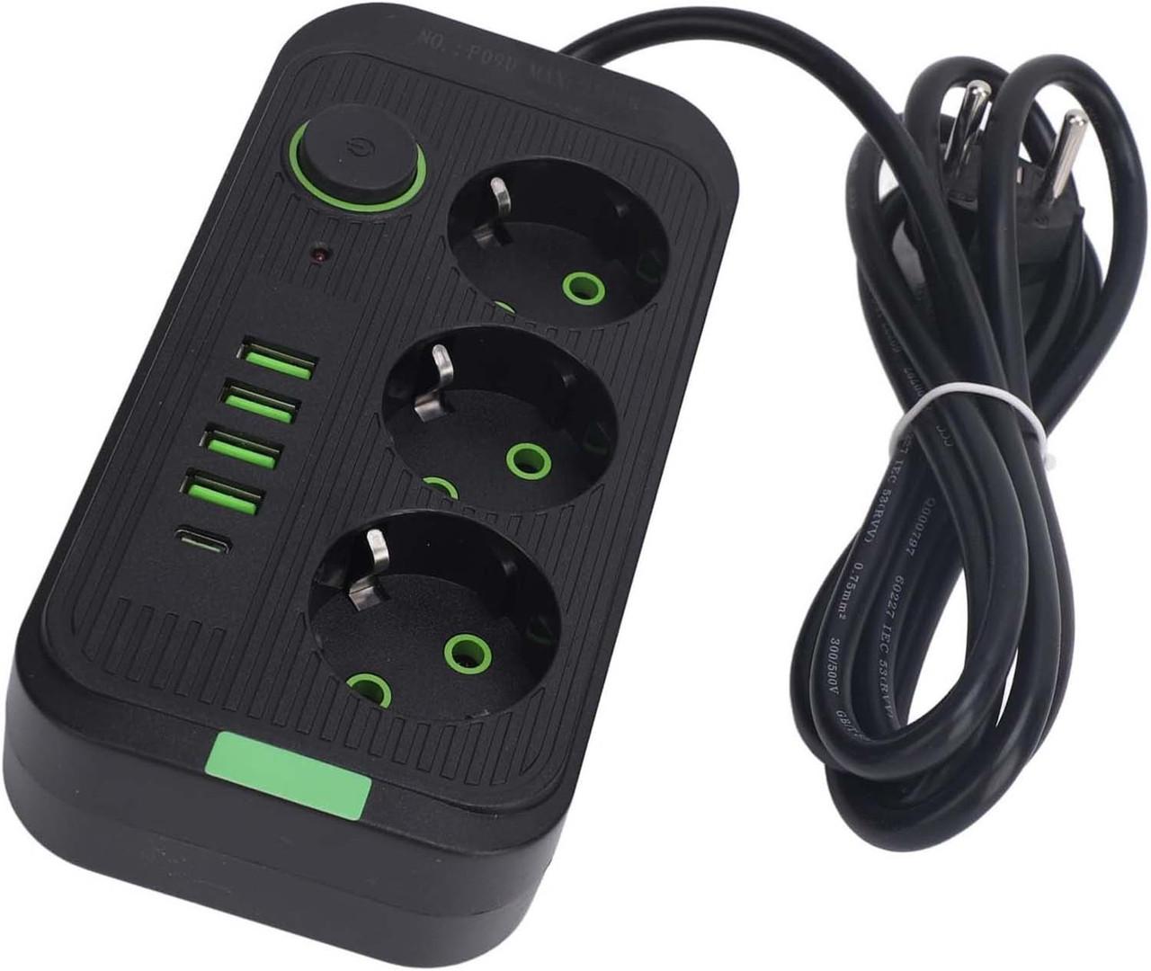 Подовжувач мережевий фільтр 2500 Вт 3 розетки/4 USB порти і Type C з кабелем 2 м Чорний (F09U)