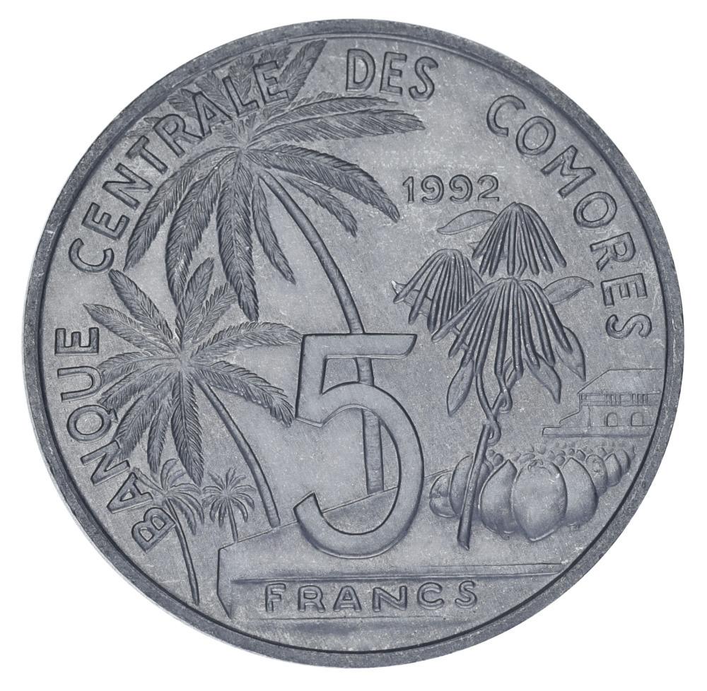 Коллекционная монета Коморские острова 5 франков 1992 AU-UNC Рыба (М21856)
