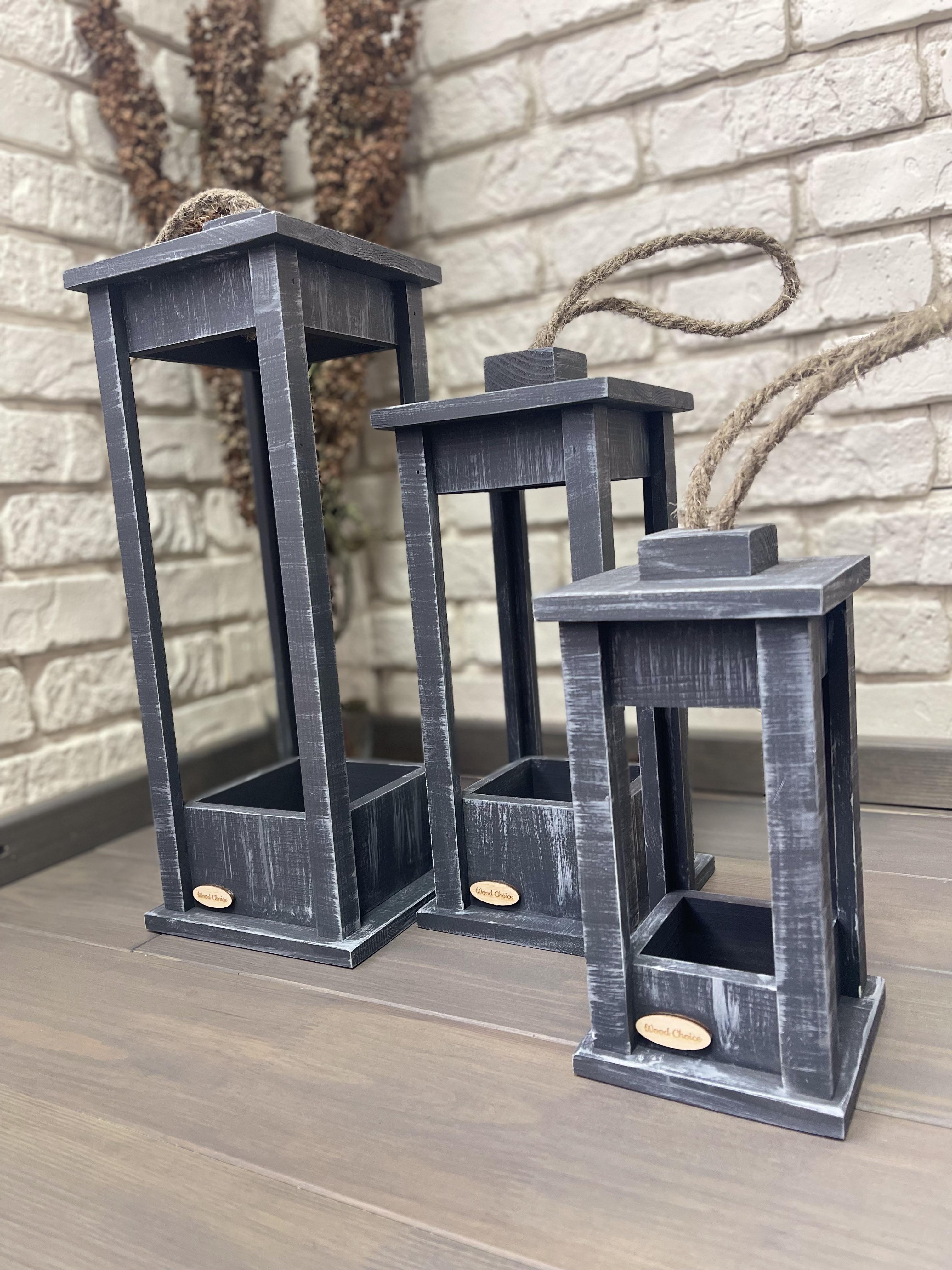 Набор подсвечников деревянные Фонари 25/35/45 см Серо-белый - фото 2