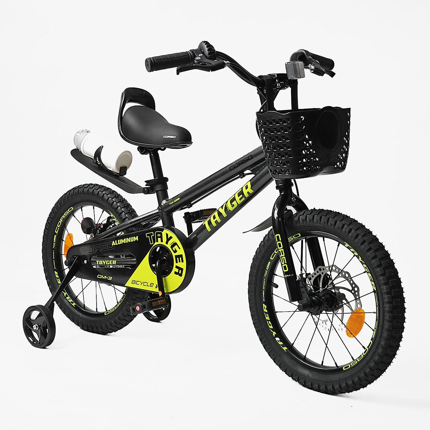 Велосипед двухколесный детский Corso Tayger 16" алюминиевый с корзиной/дисковые тормоза Черный