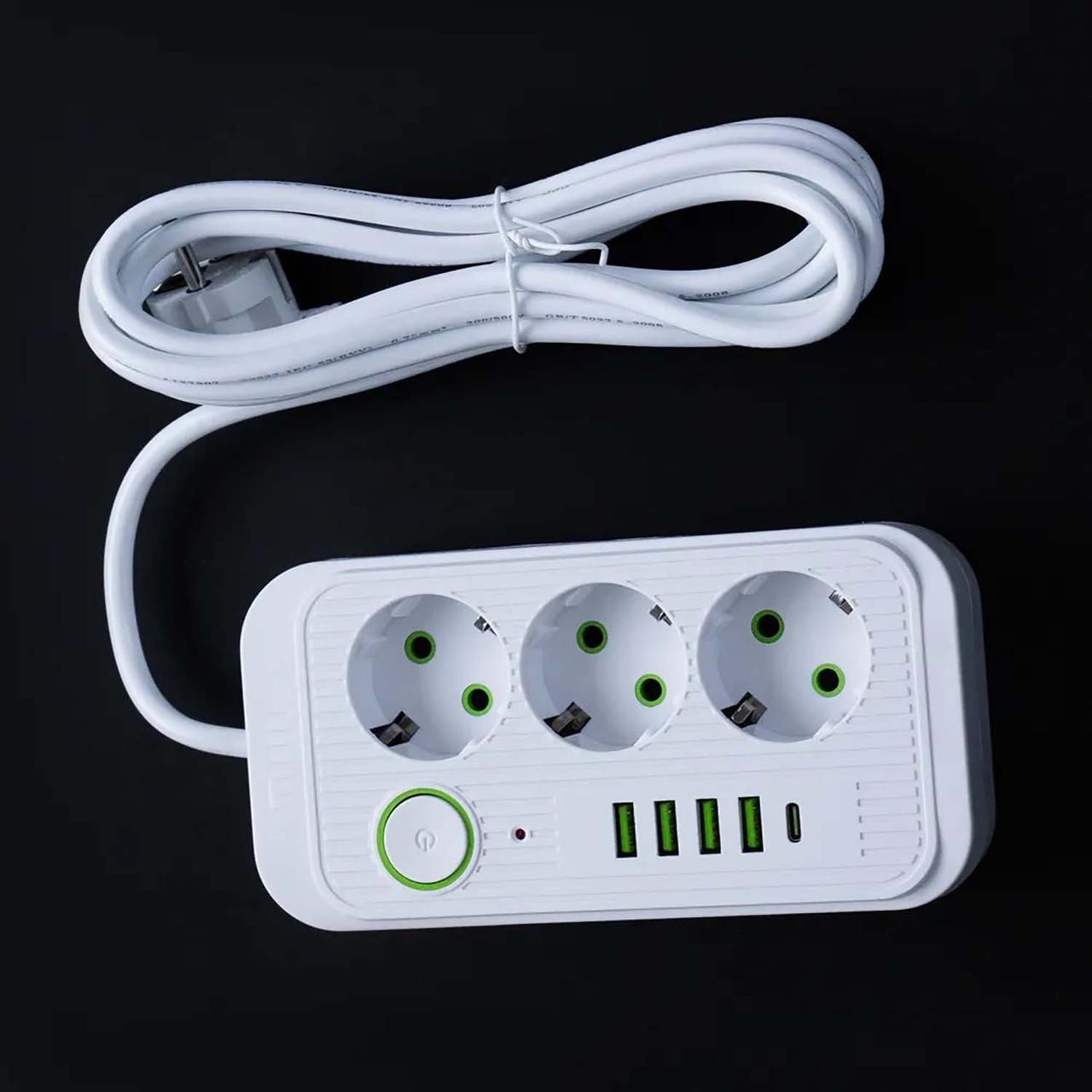 Удлинитель 2500 Вт 3 розетки 4 USB/Type C с кабелем 2 м Белый (F09U) - фото 5