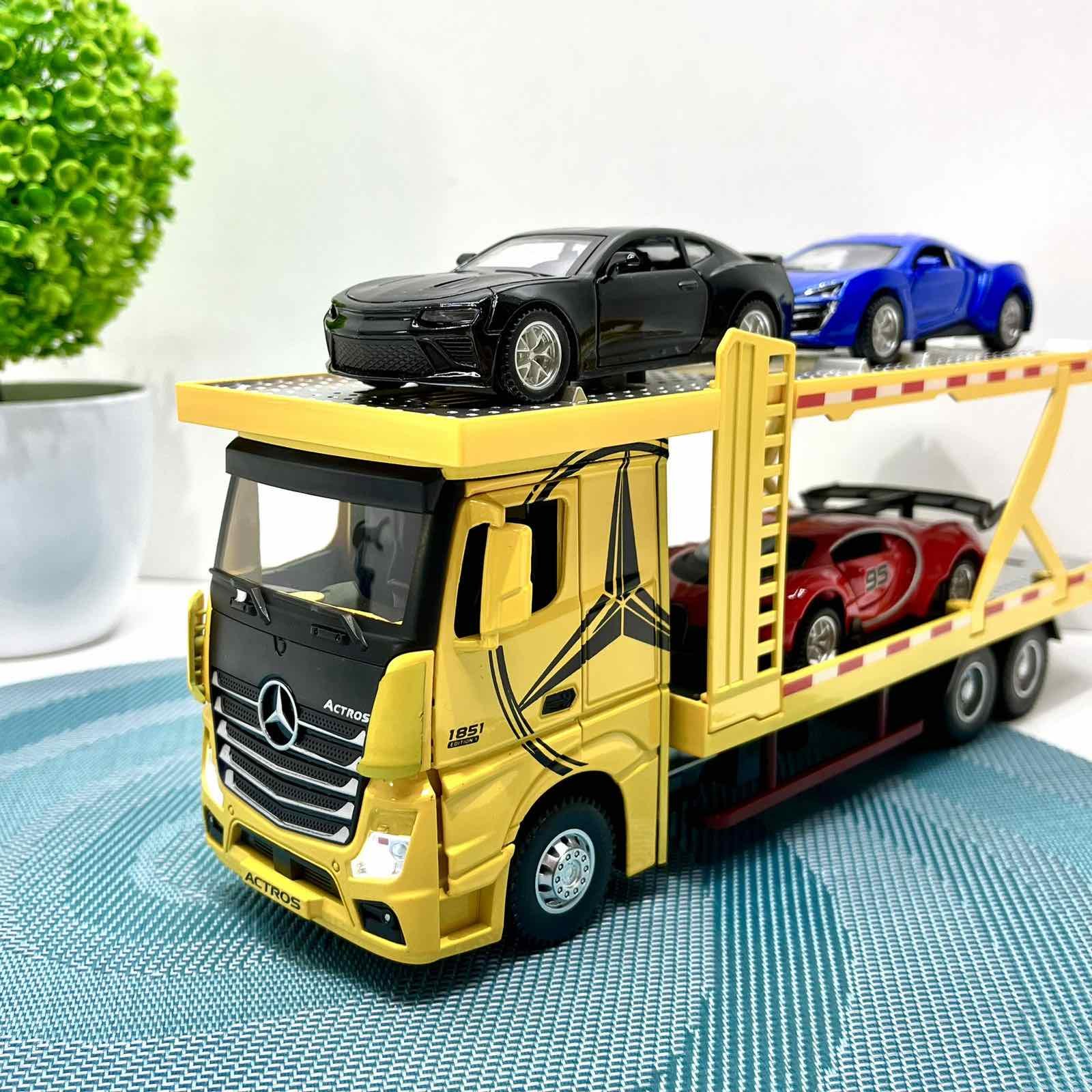 Автовоз Mercedes Actros з машинками світлові та звукові ефекти масштаб 1:24 Жовтий (53522-46) - фото 4