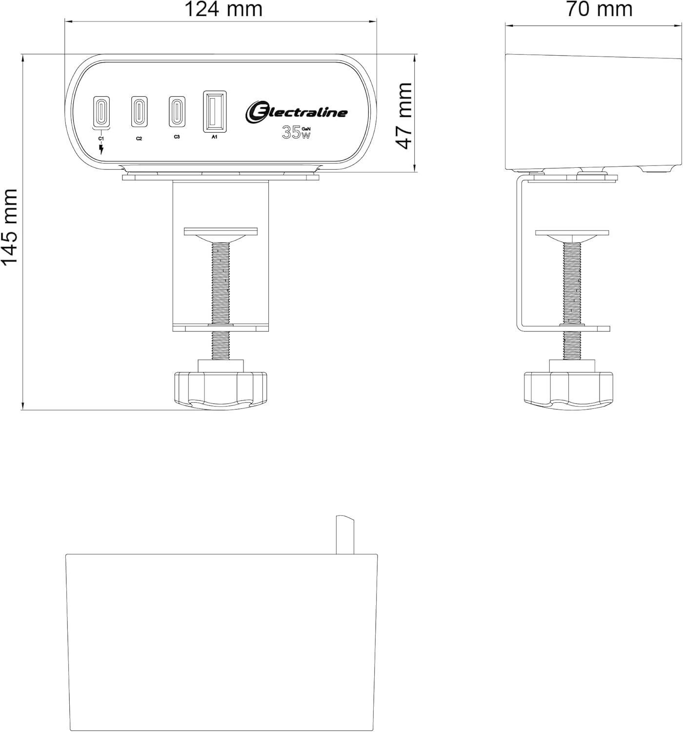 Зарядний блок із фіксатором Electraline Schuko 2 розетки 3хUSB-C PD 35 Вт /1хUSB-A 2 м Алюміній/Чорний - фото 7