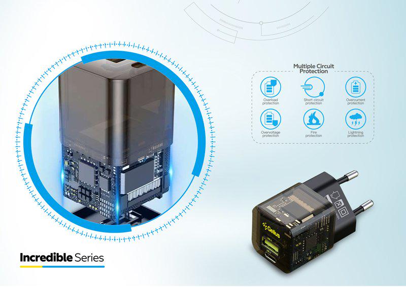 Зарядний пристрій мережевий Gelius Genesis GP-HC055 USB+Type-C 30W GaN Incredible series Transparent Black (94754) - фото 8 Зарядний пристрій мережевий Gelius Genesis GP-HC055 USB+Type-C 30W GaN Incredible series Transparent Black (94754) - фото 8