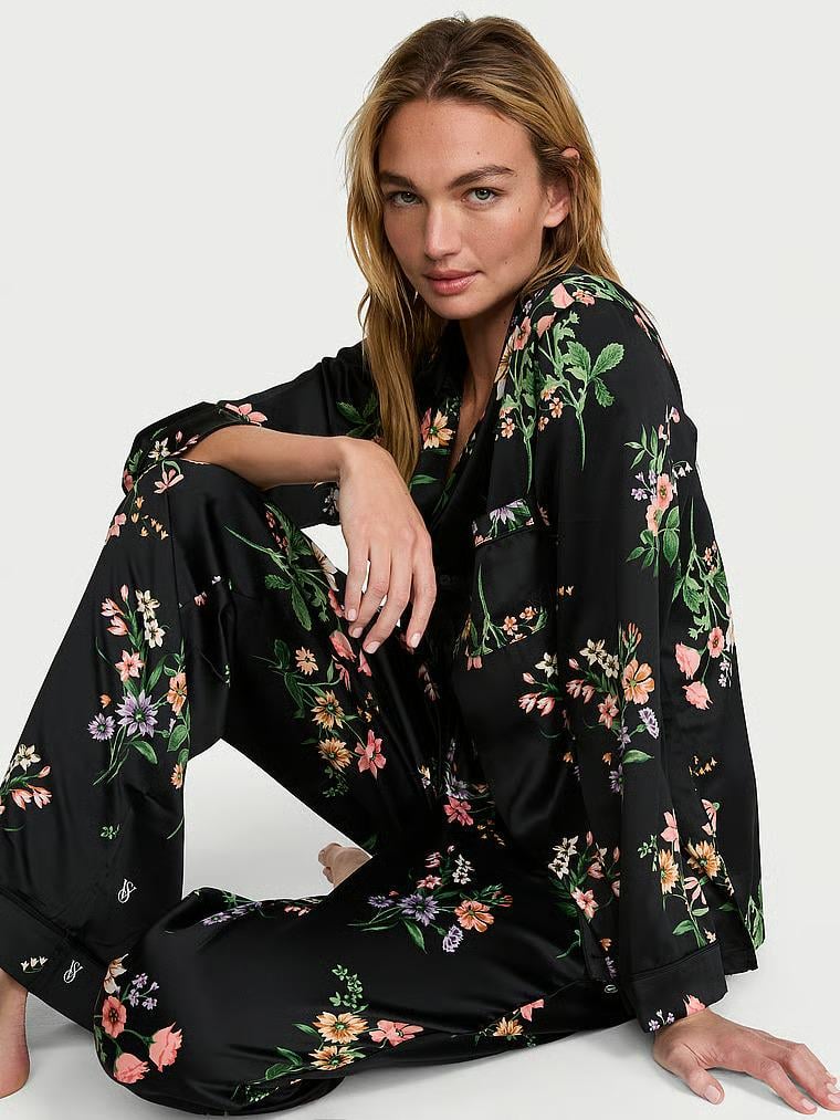 Пижама Victoria's Secret Signature Satin Long Pajama Set Regular M Черный (27178735D)