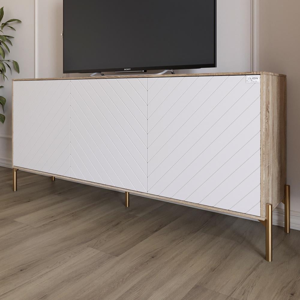 Тумба под телевизор Lion Амарант с золотыми металлическими ножками 168x40x76,5 см Дуб сонома трюфель/Белый (000-000-2405)