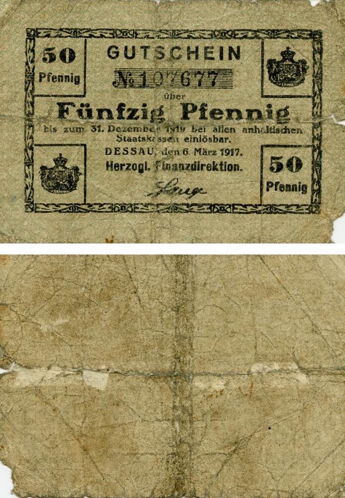 Коллекционная банкнота Германия Нотгельд 50 пфеннигов 1917 G-VG Дессау (Б18674)