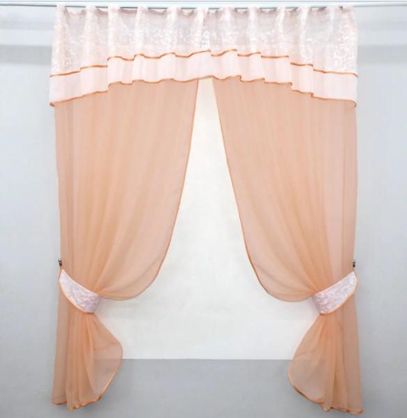 Занавеска на кухню с ламбрекеном 270х170 см Персиковый/Белый (084к)