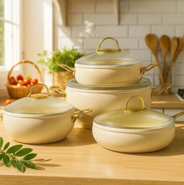 Набір посуду Edenberg 8 предметів з мармуровим антипригарним покриттям Бежевий (EB-12947) - фото 3