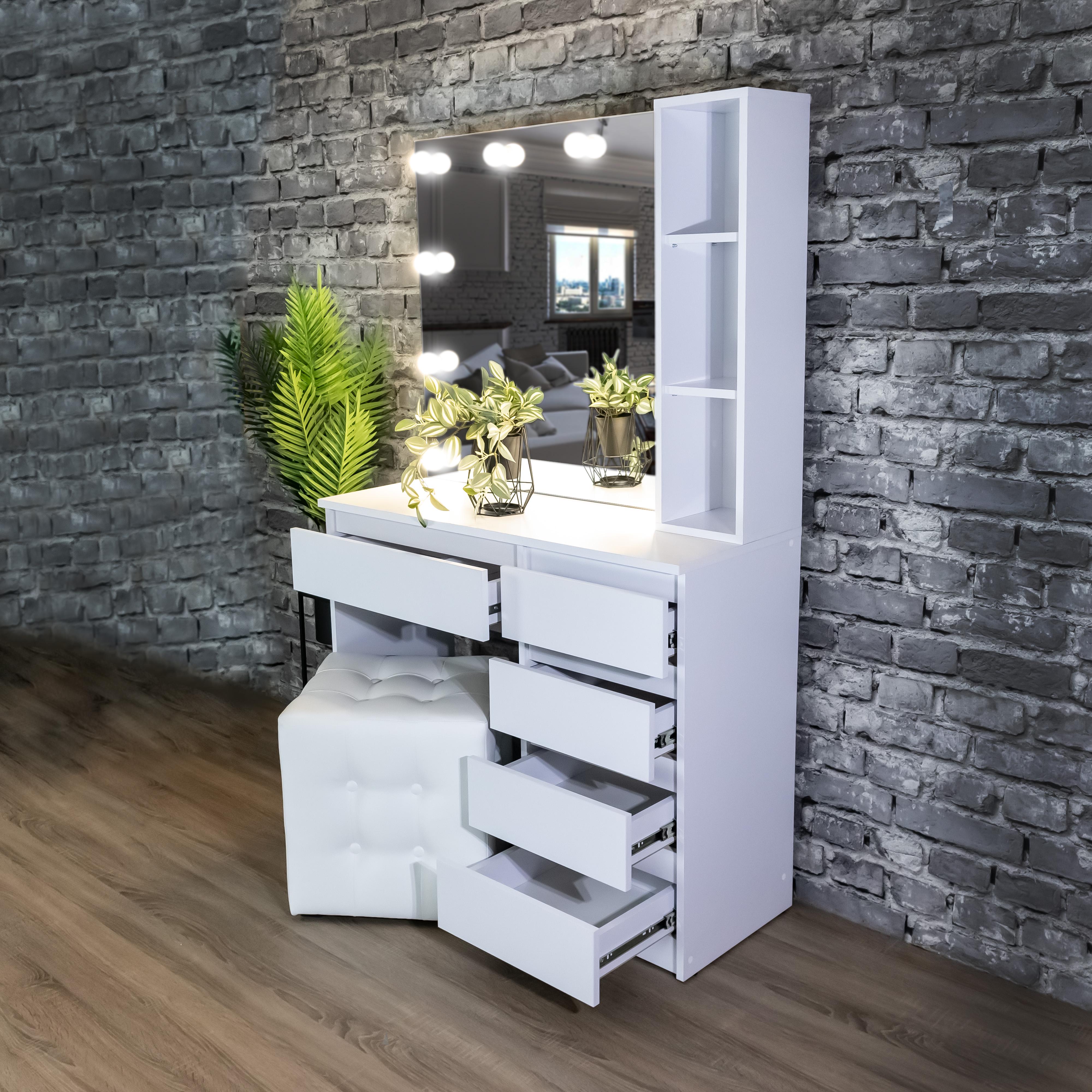 Стіл макіяжний з Led лампами та полицями 160х100х40 см Білий (03/5/9) - фото 2 Стіл макіяжний з Led лампами та полицями 160х100х40 см Білий (03/5/9) - фото 2