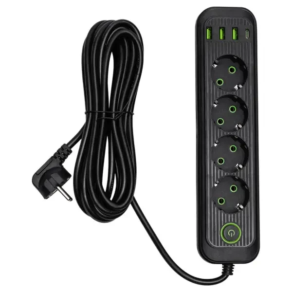 Фильтр-удлинитель сетевой 4 розетки 3 USB-A 1 Type-C кабель 5 м Черный