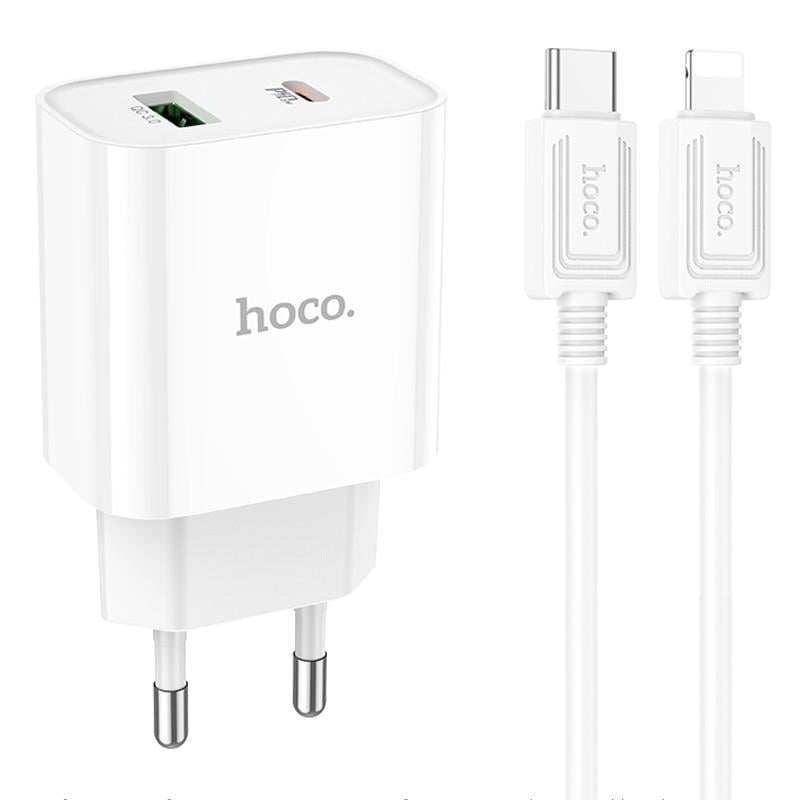 Зарядний пристрій мережевий Hoco C80A Plus Rapido PD20W/QC3.0 1USB-A/1C з кабелем Type-C to Lightning White (00000071085_1)