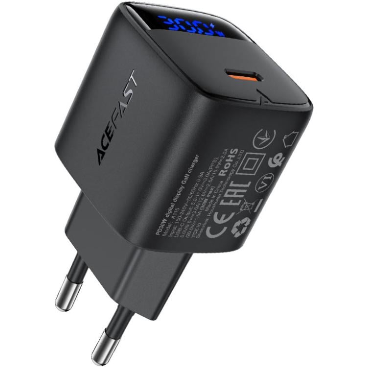 Зарядное устройство для Acefast A115 1xType-C 30W 3A with digital display Gan Black (6974316284444)