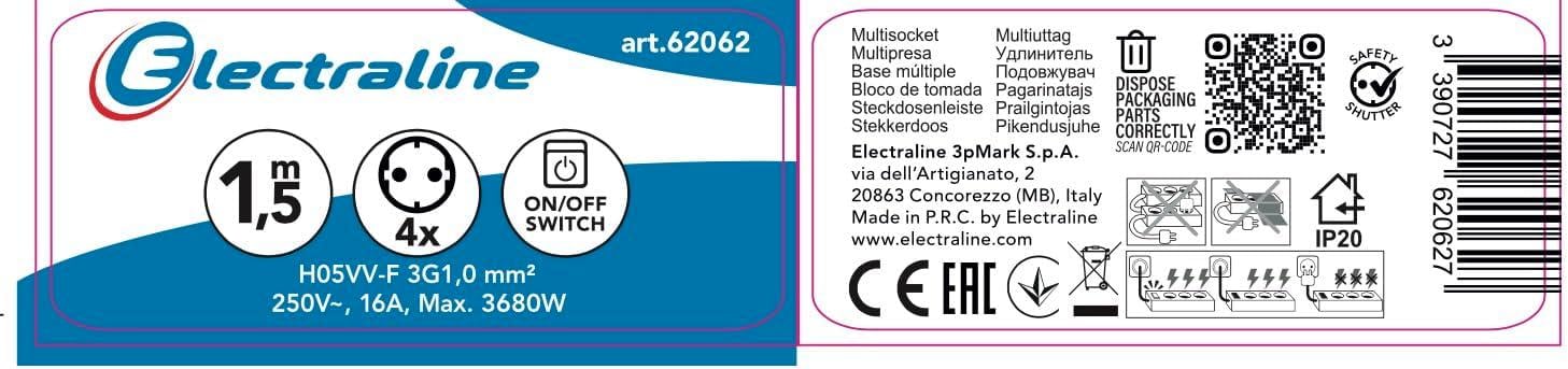 Подовжувач Electraline 4 розетки 1,5 м 16A із захистом від дітей Темне дерево - фото 4