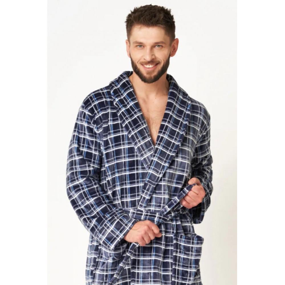 Халат мужской KEY MGL 432 на запах с шалевым воротником в клетку флисовый M/L Черный (2388044129) - фото 4