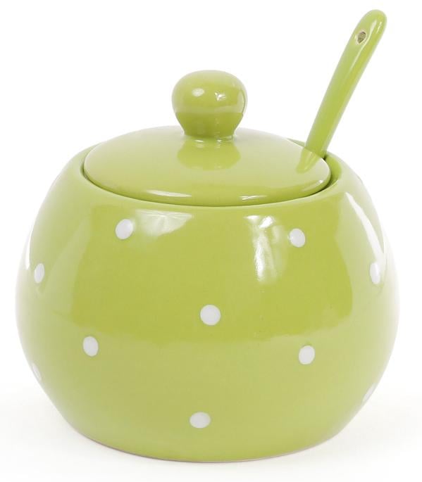 Цукорниця керамічна Білий горошок 350 мл з ложкою Зелений (BD-593-212)