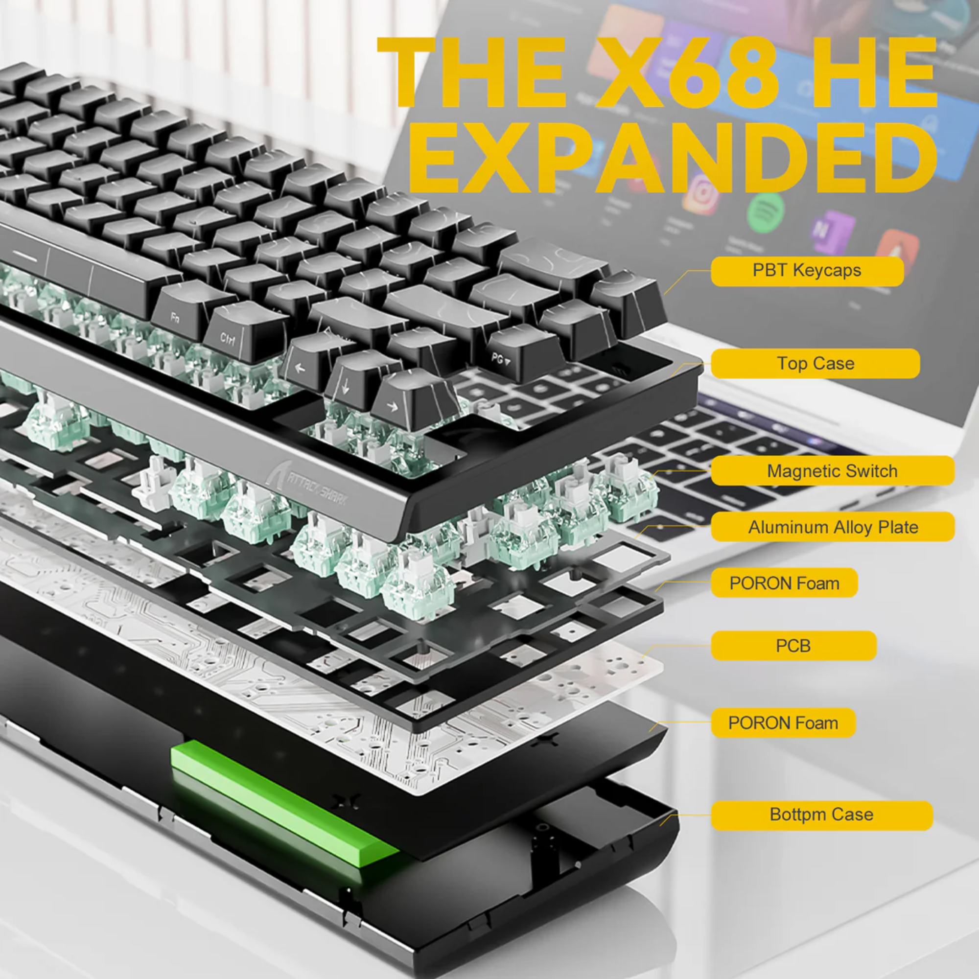 Клавиатура на магнитных переключателях ATTACK SHARK X68HE механическая с подсветкой RGB White (24405608) - фото 3