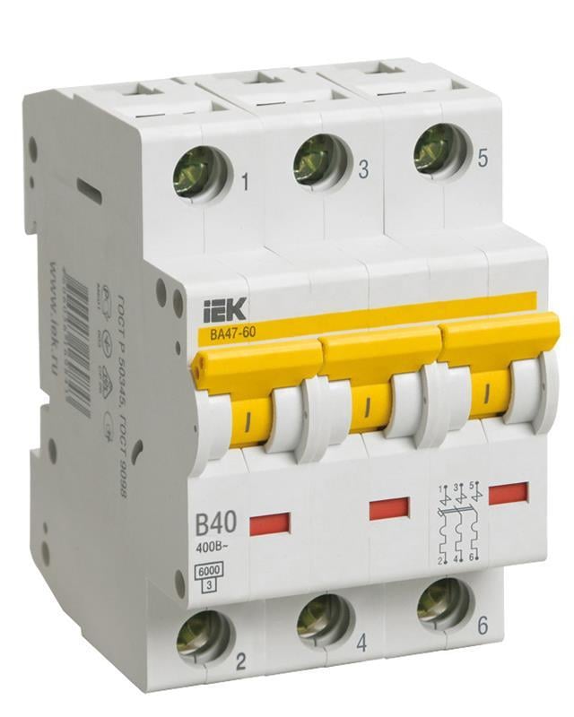 Автоматический выключатель IEK ВА47-60 40A 6 kA 3 полюса тип B MVA41-3-040-B (37944)
