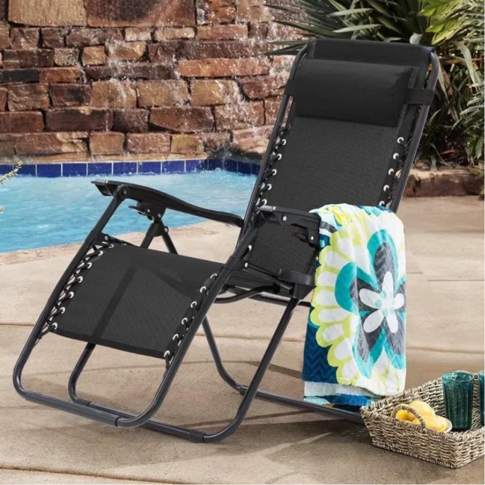 Шезлонг-лежак с подстаканником складной Черный (30554)