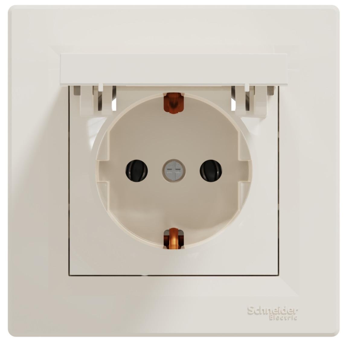 Розетка одинарная с заземлением и крышкой Schneider Electric Asfora Кремовый (00000003081)